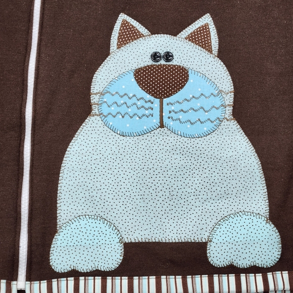Handmade Appliqued Cat Full Zip Sweatshirt Size Large Color Brown & Blue - Picture 6 of 10